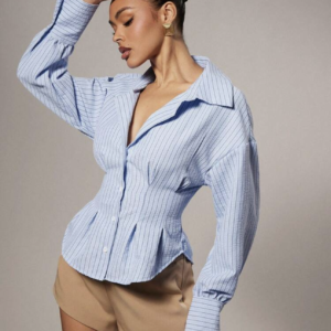Striped Cinch Waist Buttoned Shirt — Blue